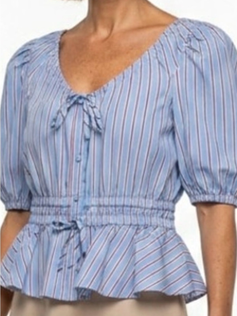Joie Light Blue Striped Tie-Front Peplum Top- NWOT